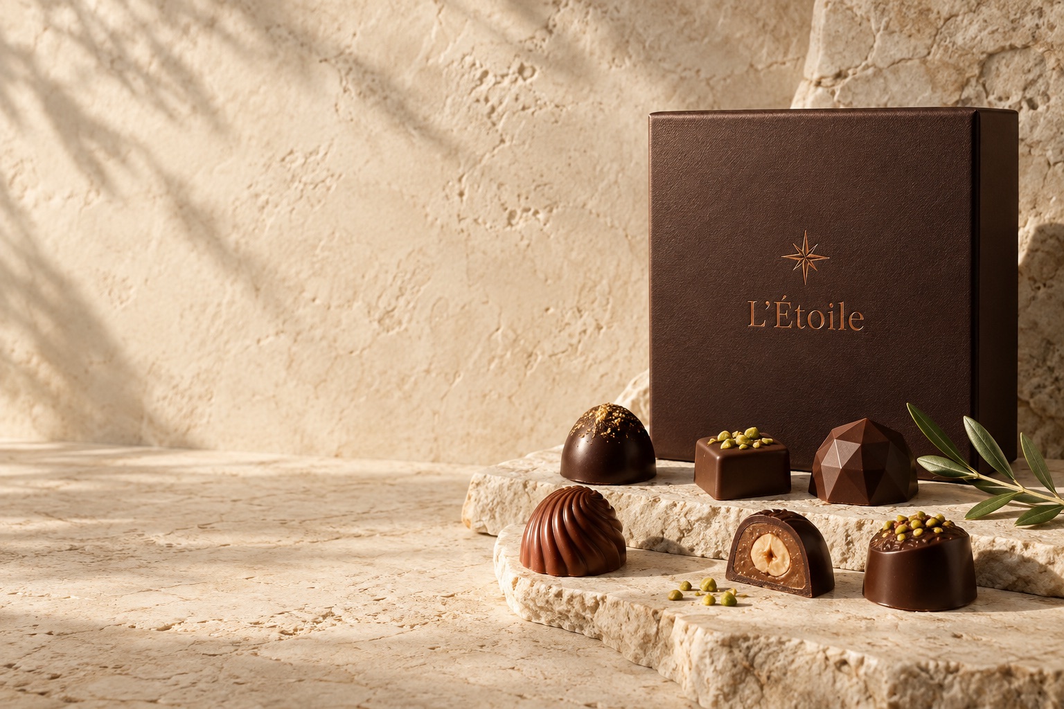 Chocolate textures and a hazelnut filling, concept photograph